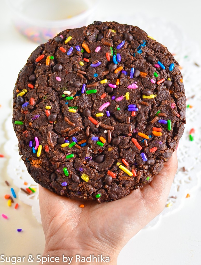 Giant Dark Chocolate Chip Sprinkle Cookie Eggless
