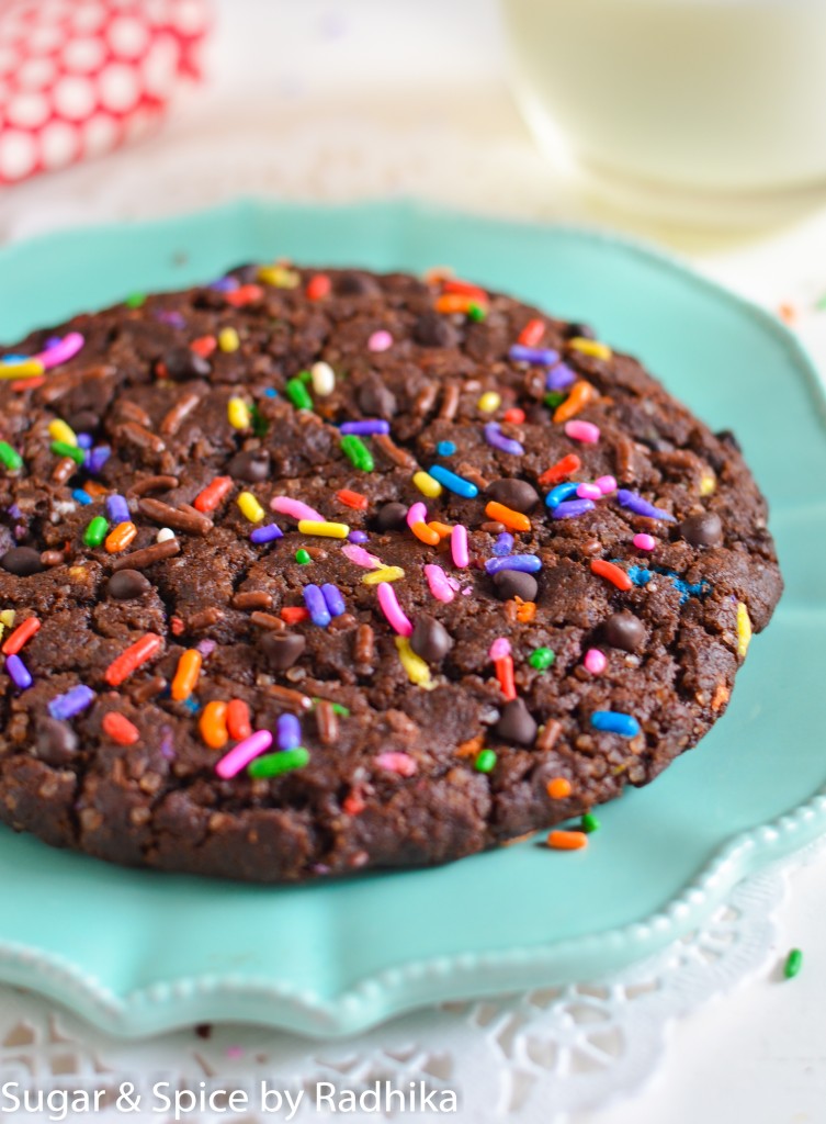 Giant Dark Chocolate Chip Sprinkle Cookie Eggless