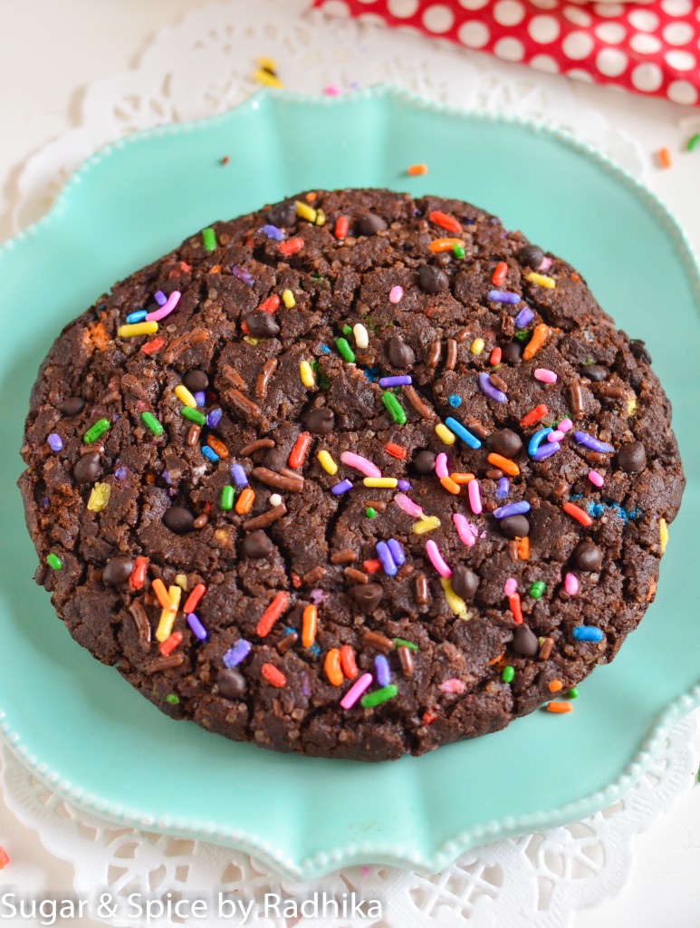 Giant Dark Chocolate Chip Sprinkle Cookie Eggless