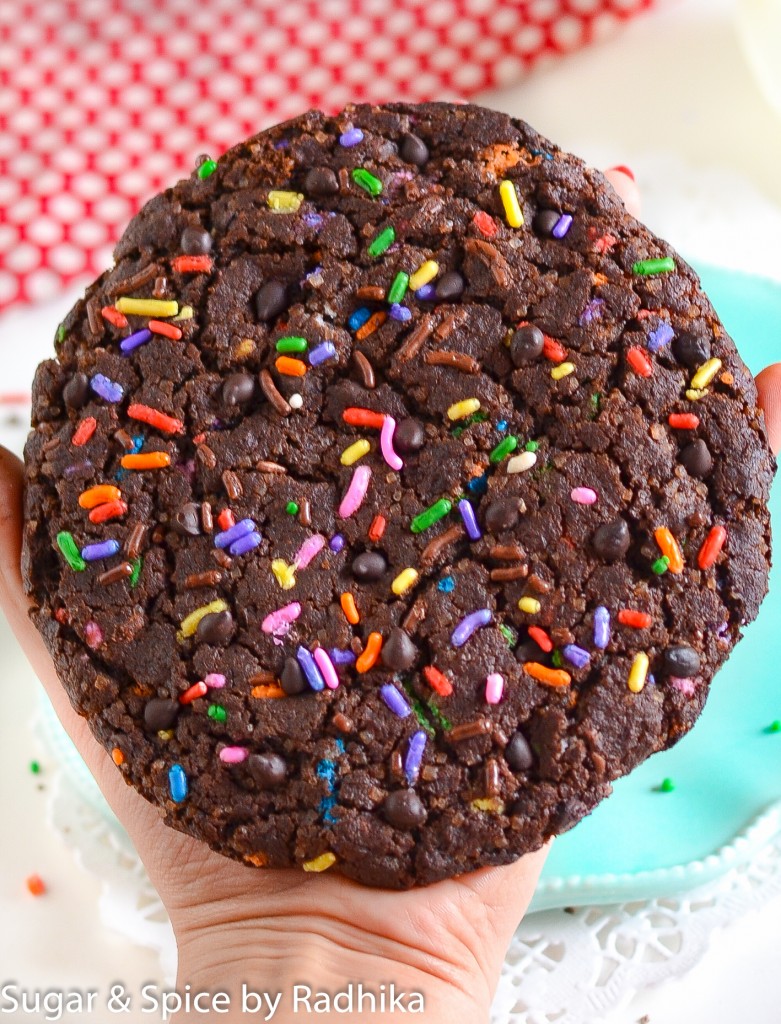 Giant Dark Chocolate Chip Sprinkle Cookie Eggless
