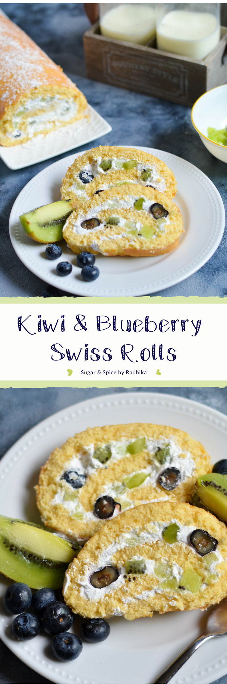 Kiwi and Blueberry Swiss Roll - This light and airy cake filled with fresh kiwis and blueberries is the ultimate dessert! It's really simple to make and takes only about 30 minutes start to finish.