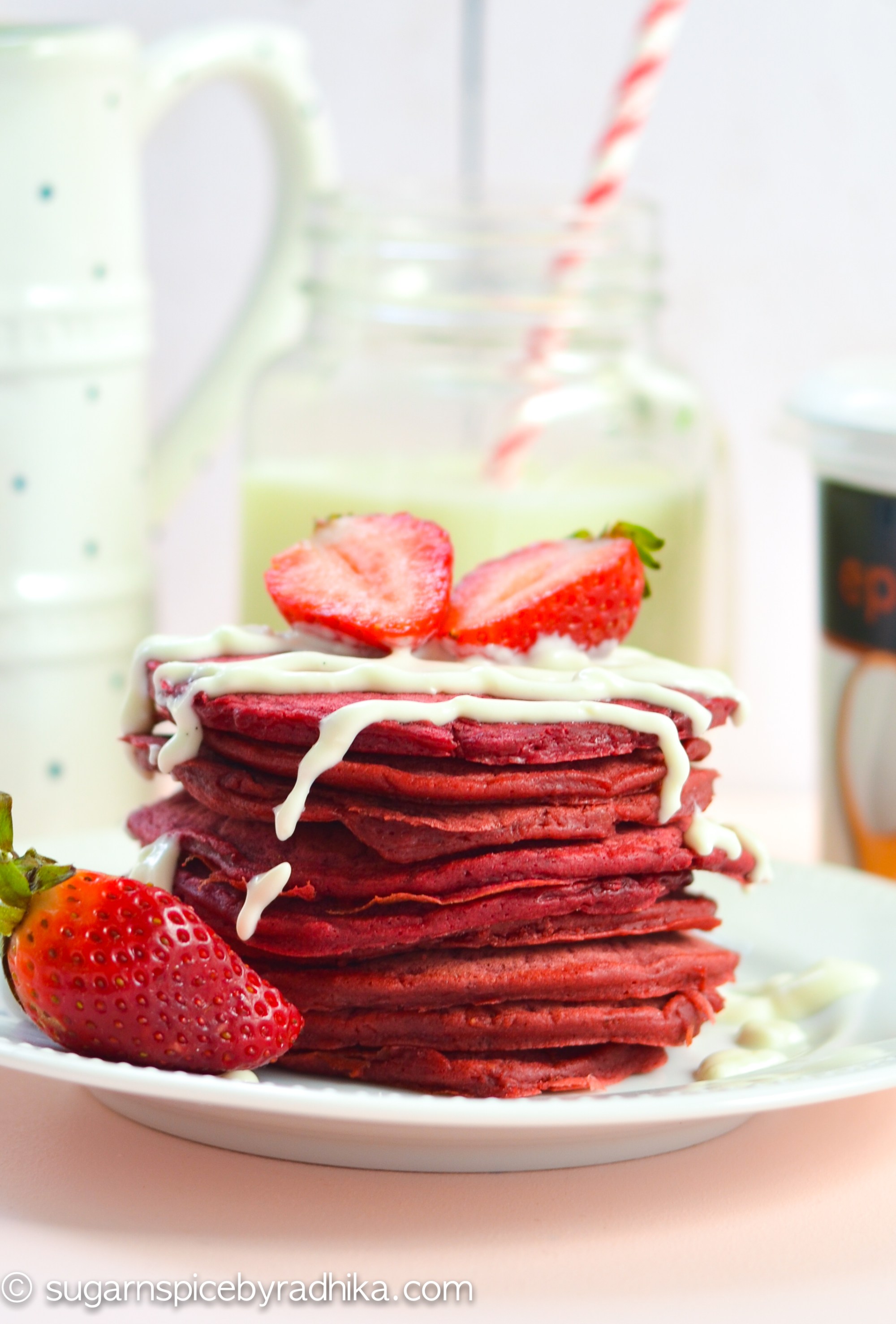 Red velvet Pancakes with Cream Cheese Drizzle