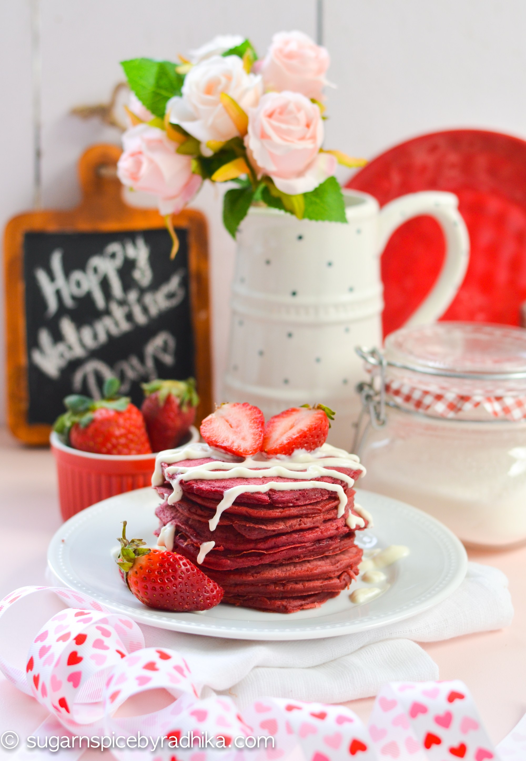 Red velvet Pancakes with Cream Cheese Drizzle