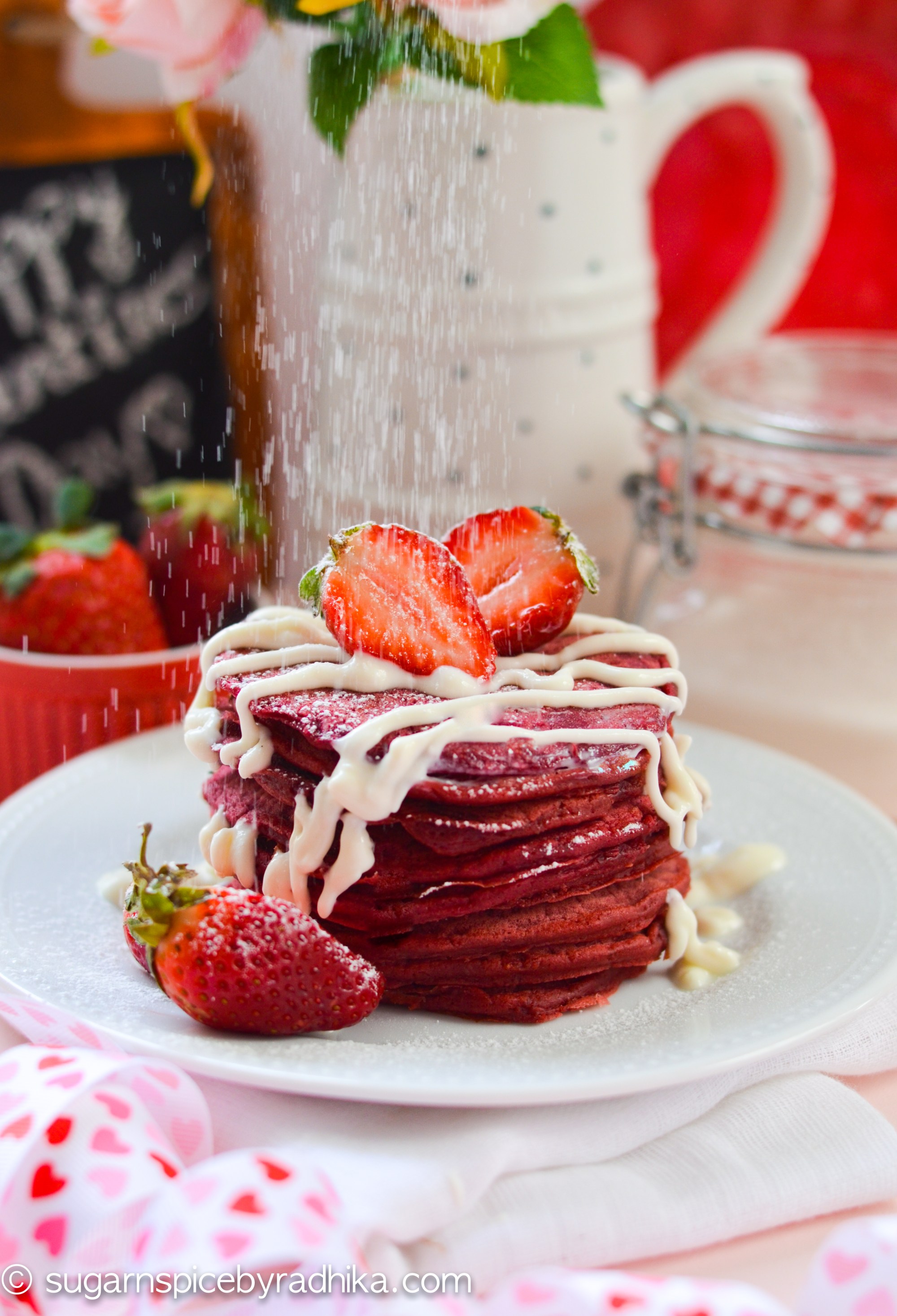 Red velvet Pancakes with Cream Cheese Drizzle