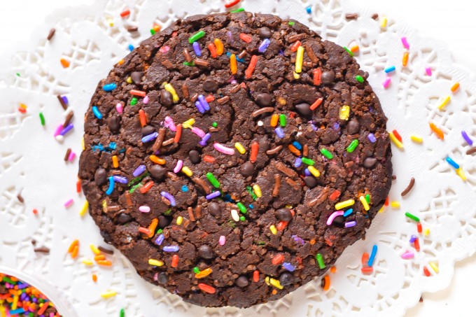 Giant Dark Chocolate Chip Sprinkle Cookie Eggless
